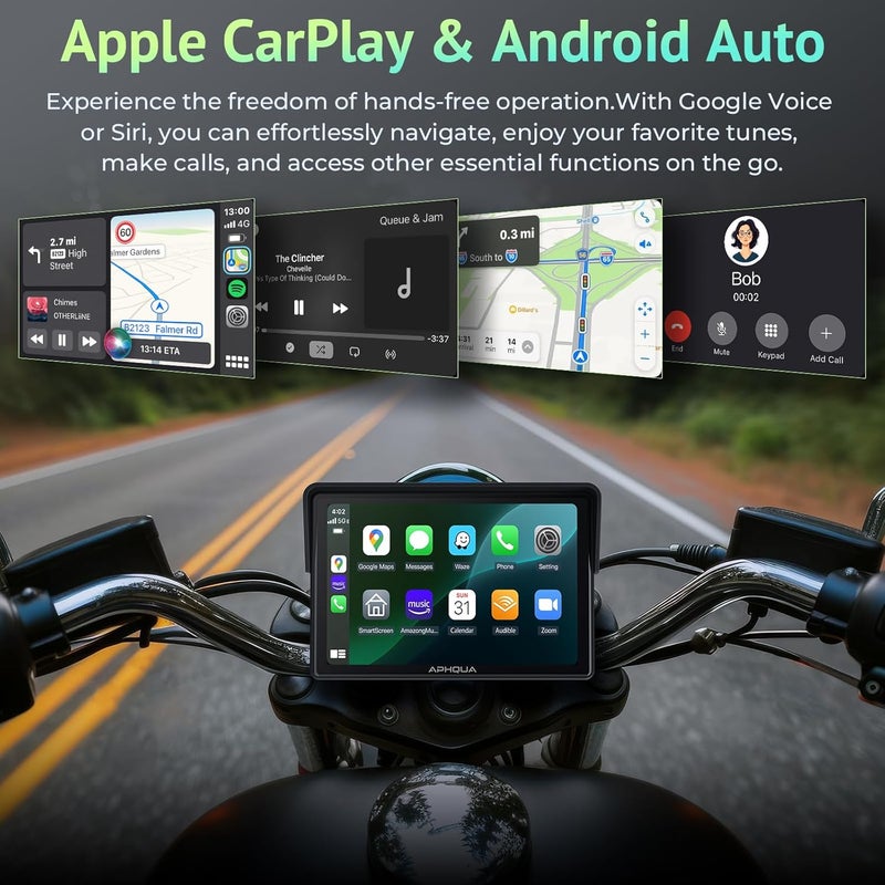 aphqua 5 Inch Motorcycle CarPlay & Android Auto Display – IP67 Waterproof Touchscreen, Dual Bluetooth, TF Card, GPS Navigation, Voice Control, Universal Mount – 522 - Image 4